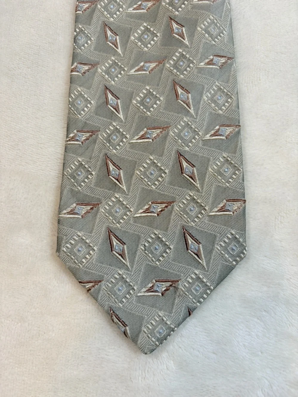 Ermenegildo‎ Zegna Men's Geometric Beige Brown White 100% Silk Satin Tie